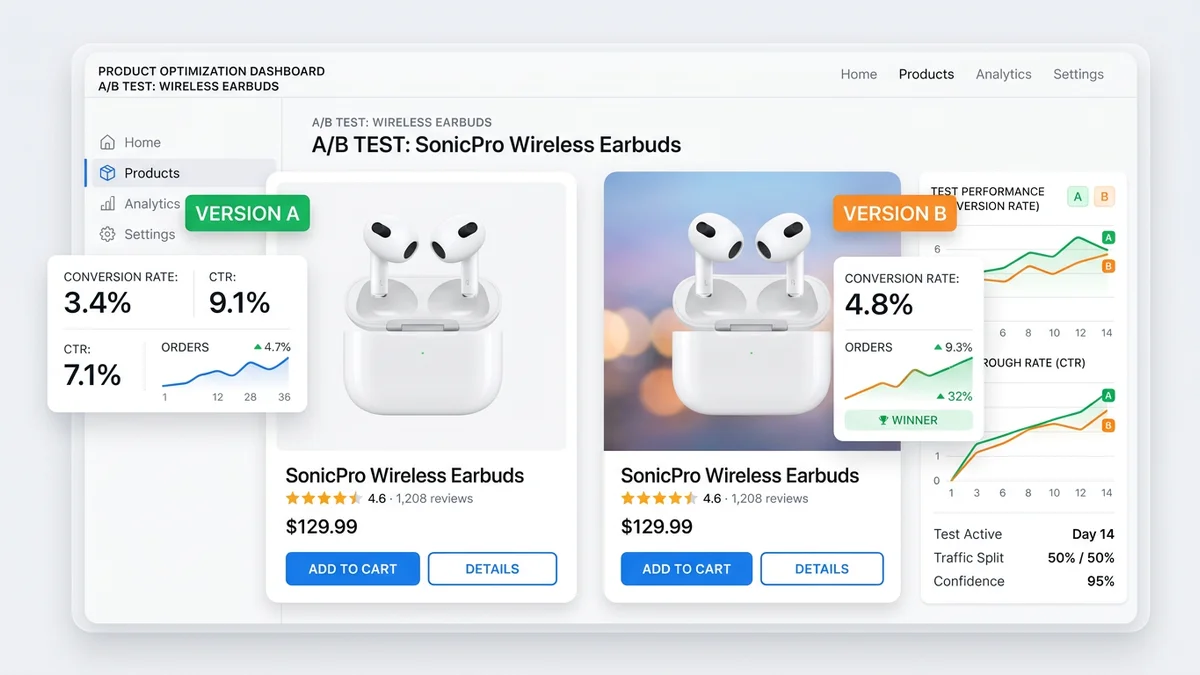 Split screen showing two product photo variants with conversion rate metrics overlay