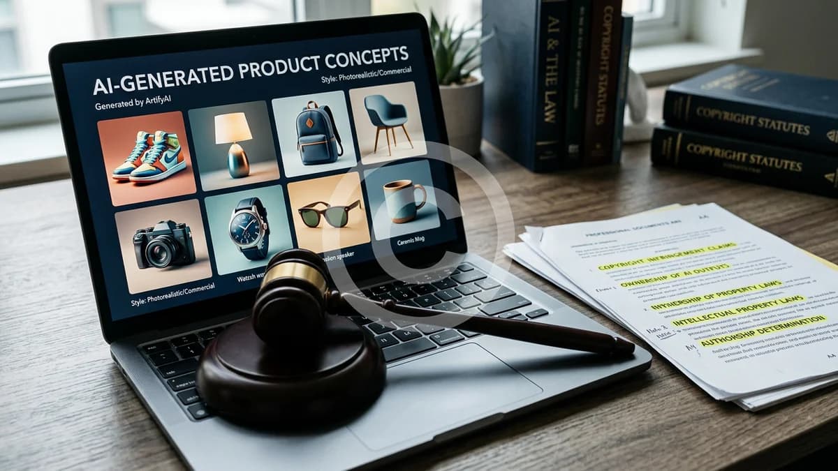 Legal scales balancing traditional photography and AI-generated product images with copyright symbols