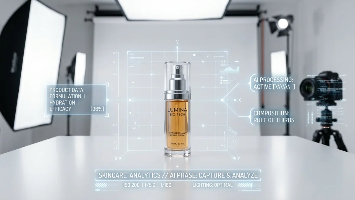 AI-generated product photography showing a skincare bottle in a studio setting