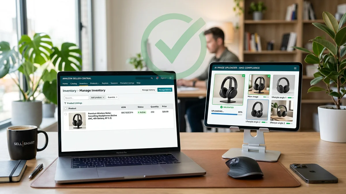 Amazon product listing page with AI-generated product photography