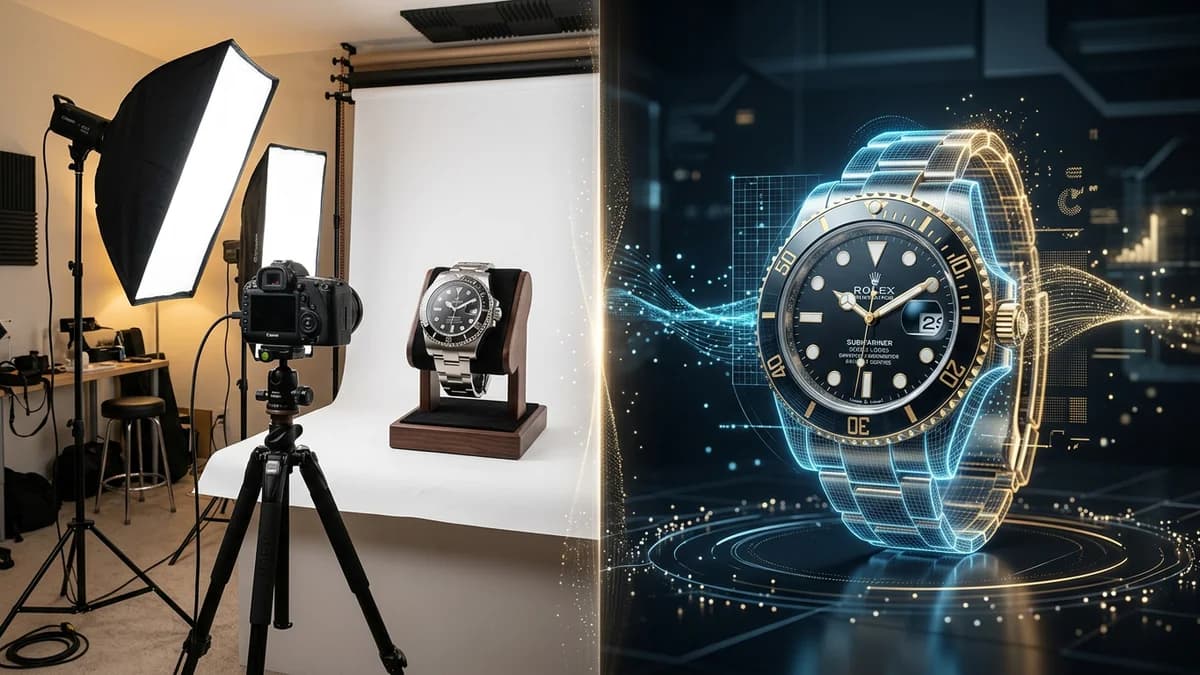Split comparison showing AI-generated product photo on one side and traditional studio setup on the other