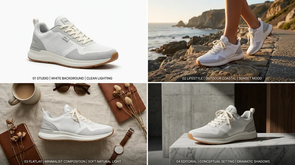 Grid showing AI-generated product photos from different tools side by side