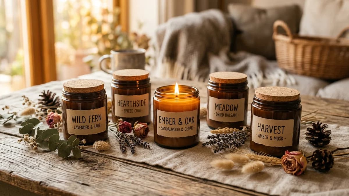 Handmade soy candle photographed with warm lighting showing texture and label detail