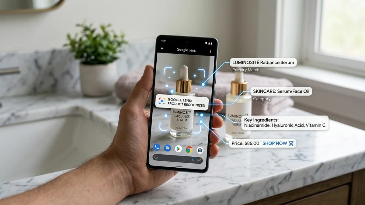 Smartphone using Google Lens to identify and find a product for purchase through visual search