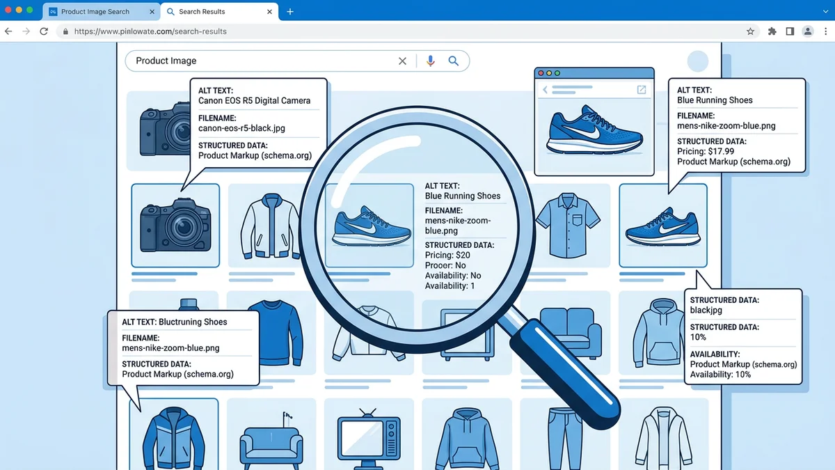 Product images optimized for search engines with alt text and structured data overlays