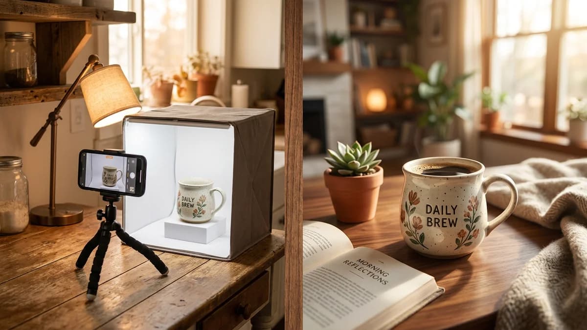 Split image showing a home photography setup with lightbox on one side and AI-generated product photo on the other