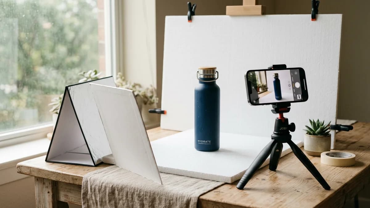 iPhone on tripod photographing a product with professional lighting setup