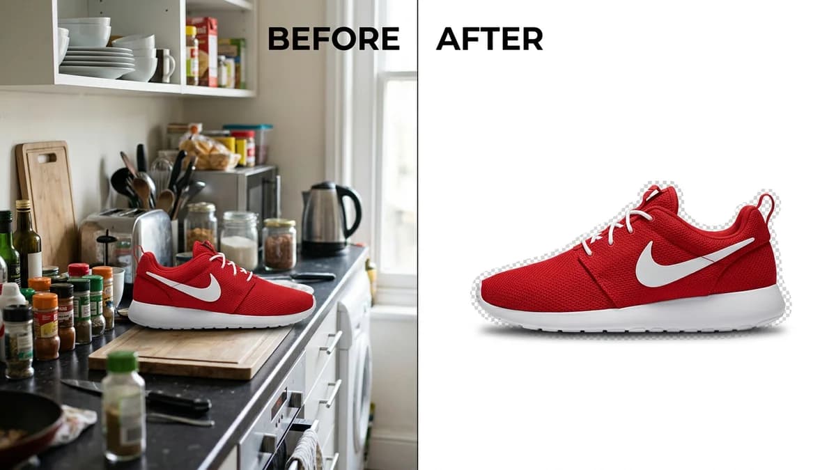 Product photo before and after background removal showing a clean white background result