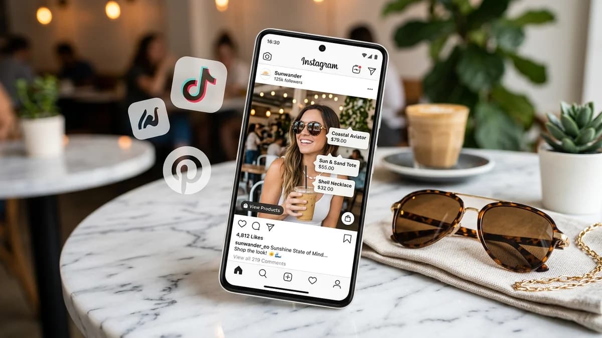 Product photography examples optimized for Instagram Shopping, TikTok Shop, Pinterest Product Pins, and Facebook Marketplace