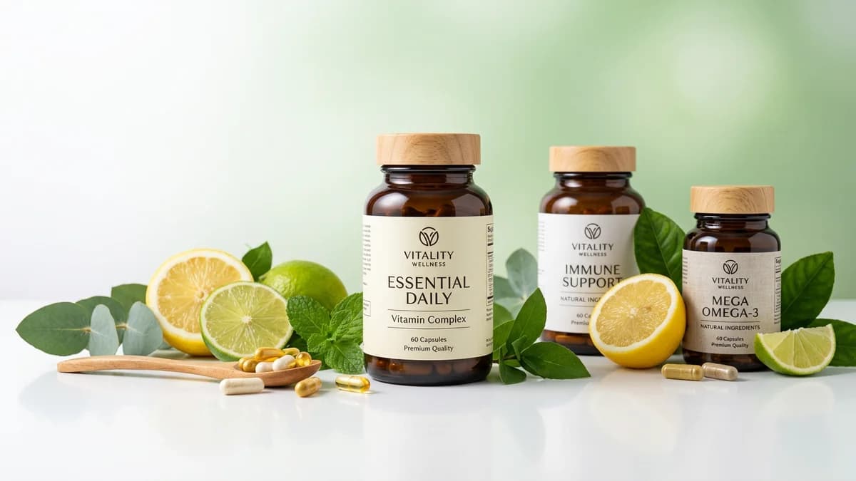 Professional supplement bottle photography showing front label and Supplement Facts panel